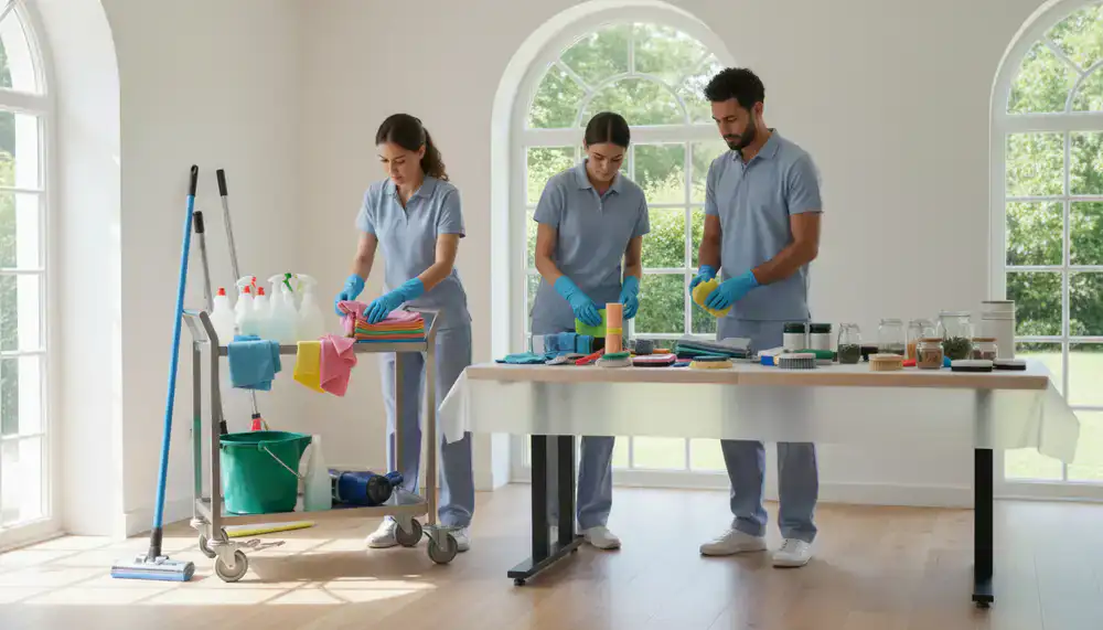 Cleaning professionals organizing supplies for a detailed property service