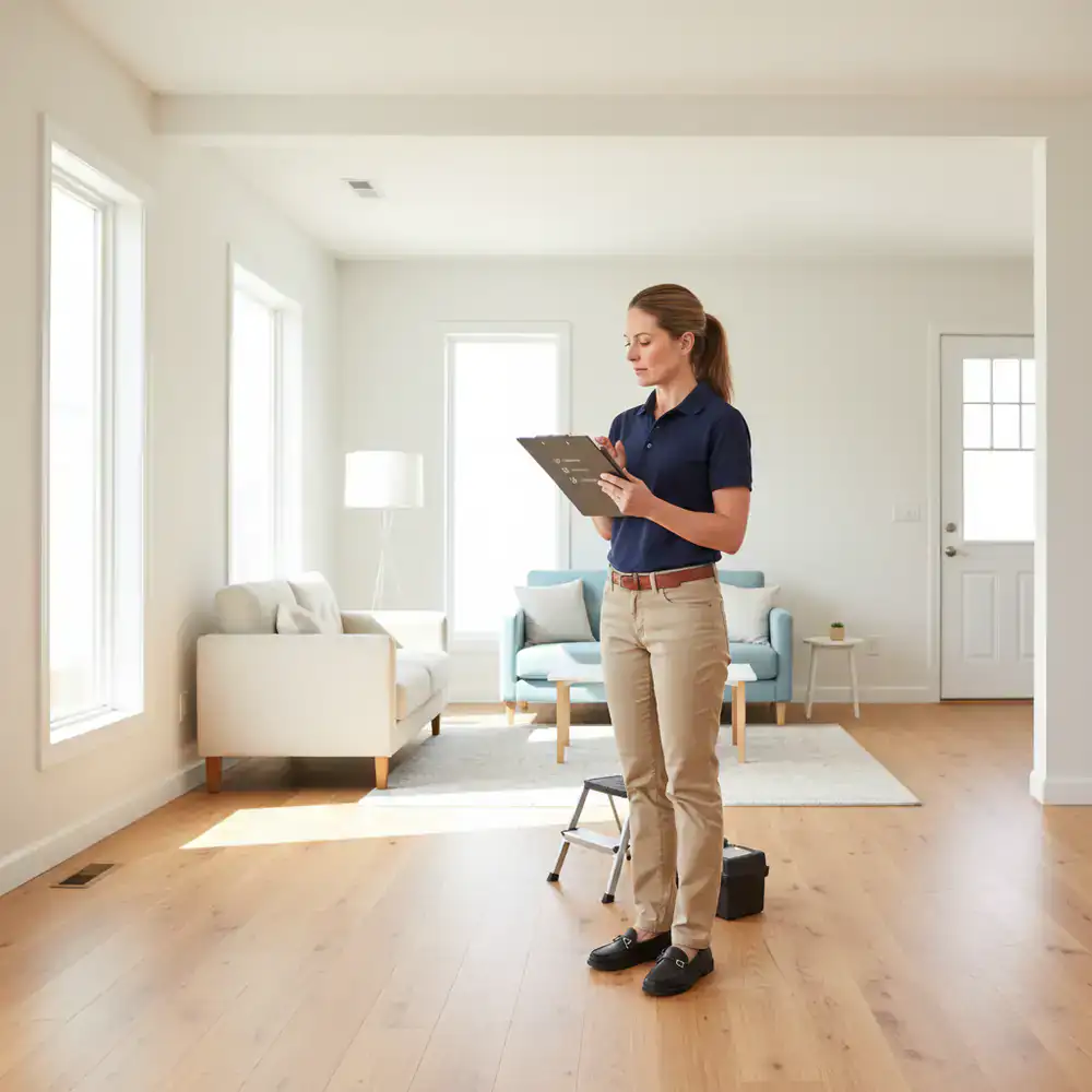 Inspector holding a clipboard checking a clean residential space