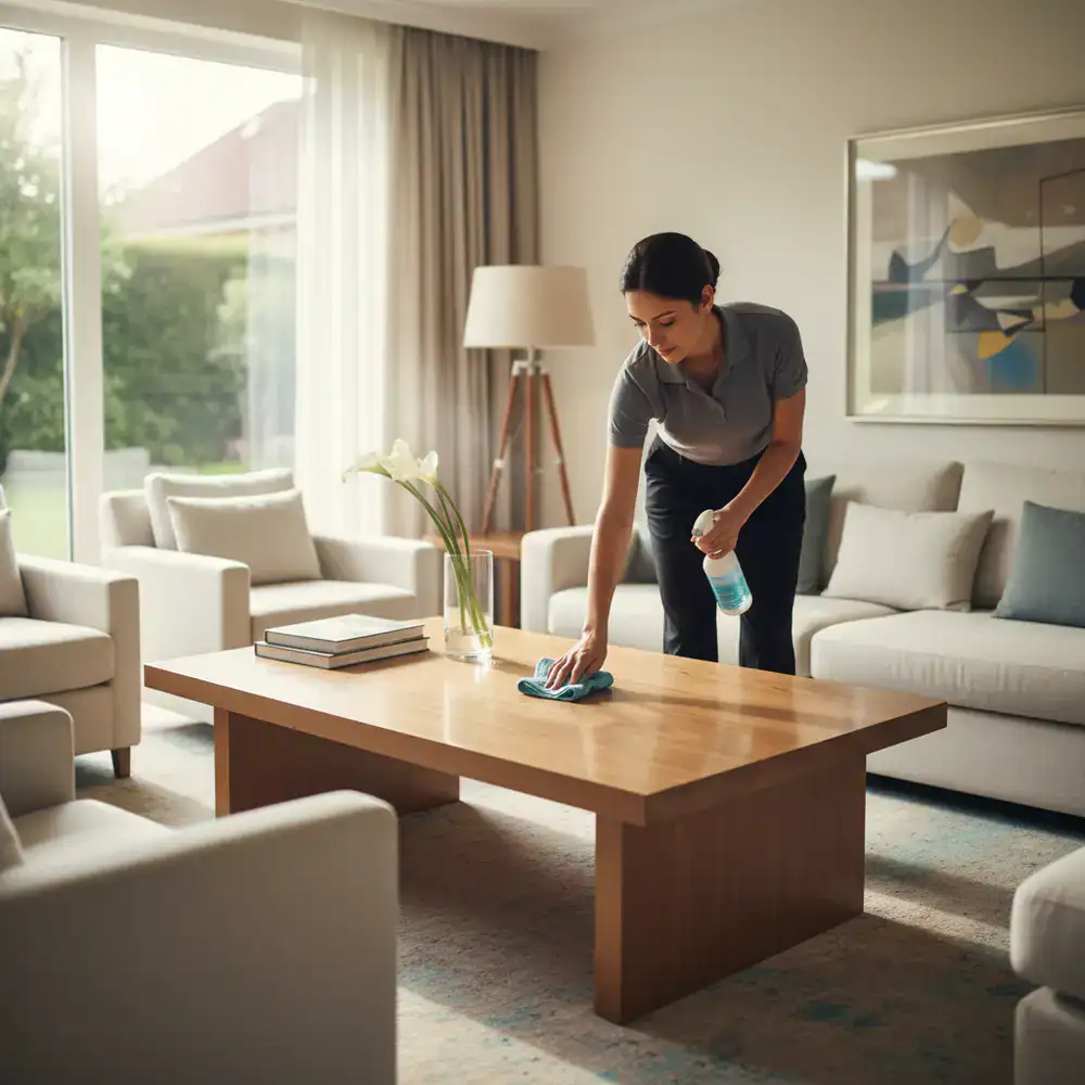 Cleaner performing standard residential upkeep in a living room